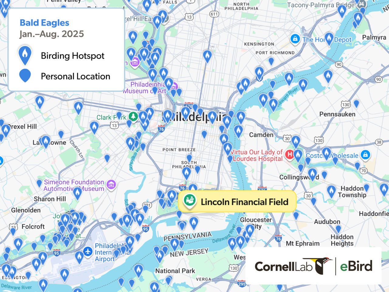 Map of Philadelphia showing birding hotspots and personal locations for Bald Eagles from January to August 2025.