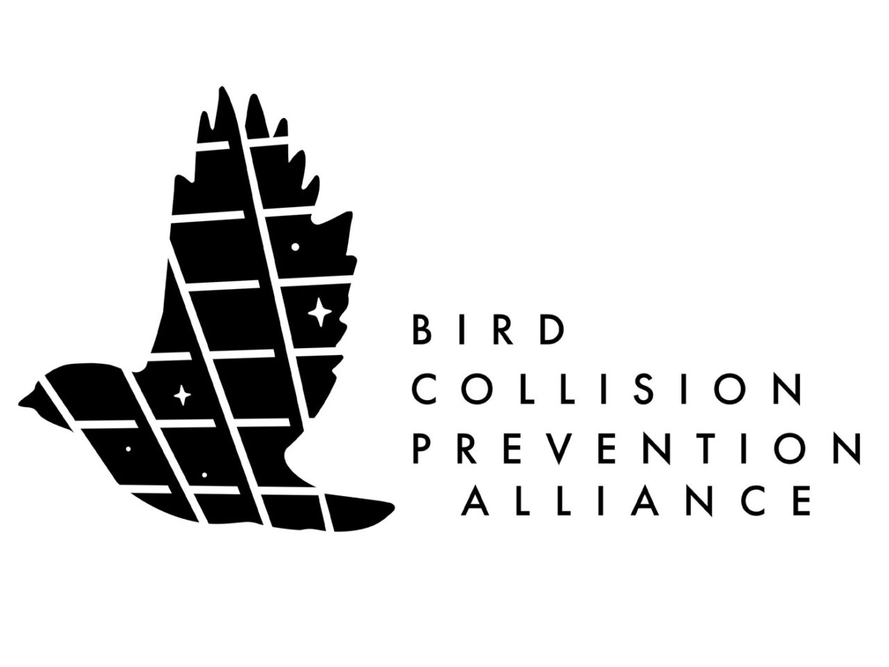 Black and white logo with bird graphic and words: Bird Collision Prevention Alliance.
