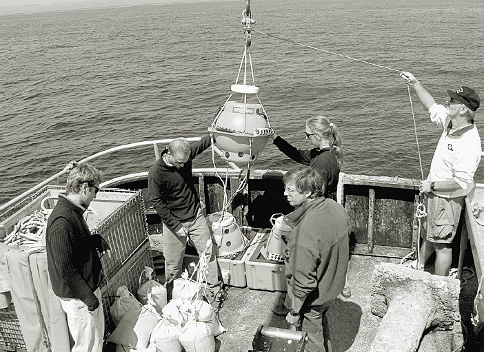 Bioacoustics Research staff deploy pop-ups to record the sounds of the ocean.