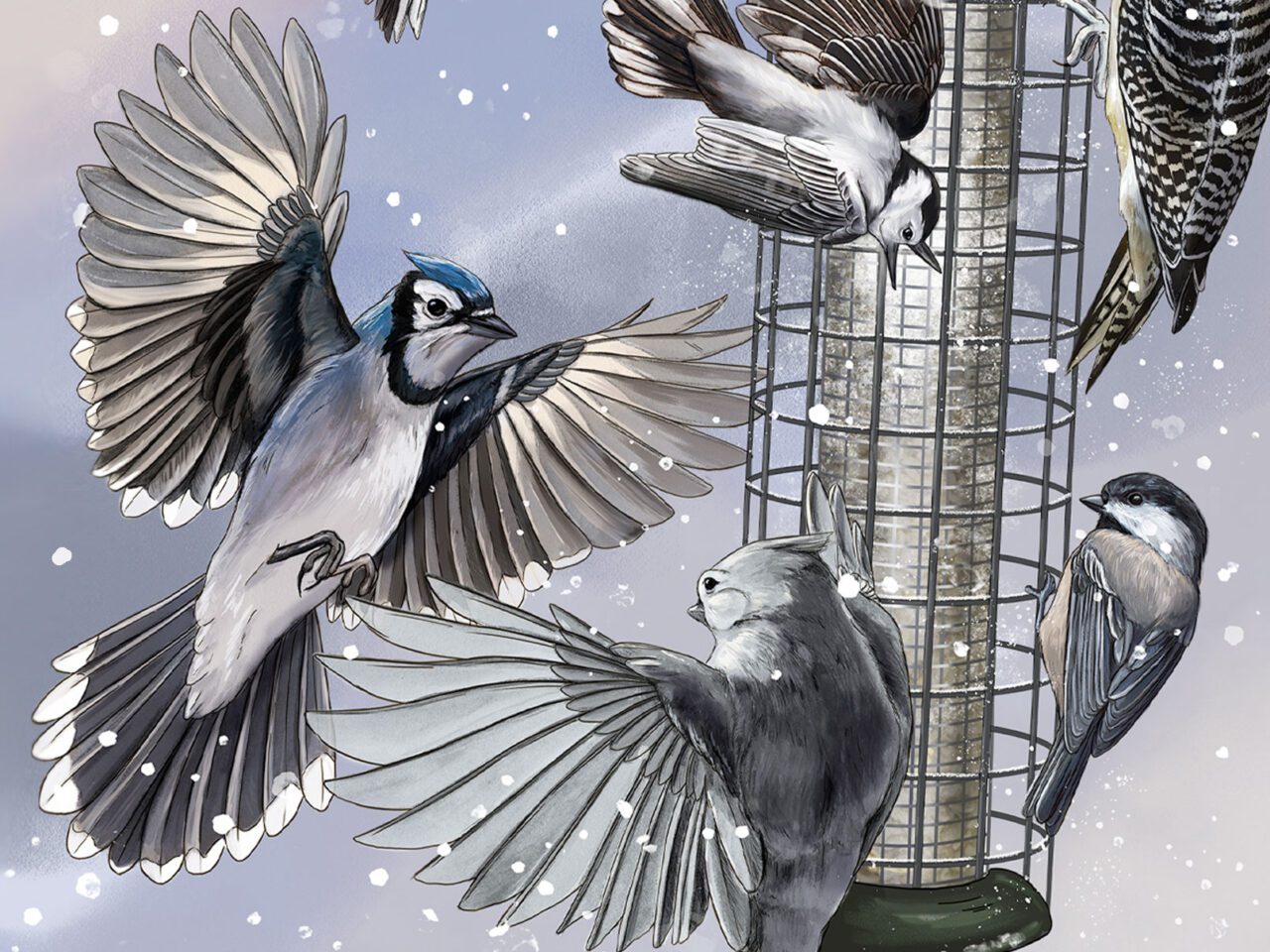 illustration of birds fighting at a bird feeder in the snow.