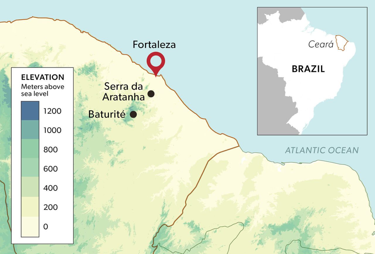 map of northeastern Brazil showing elevation bands