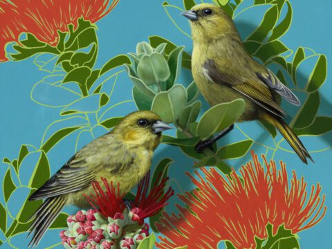 fanciful illustration of greenish birds perched on bright flowers and foliage