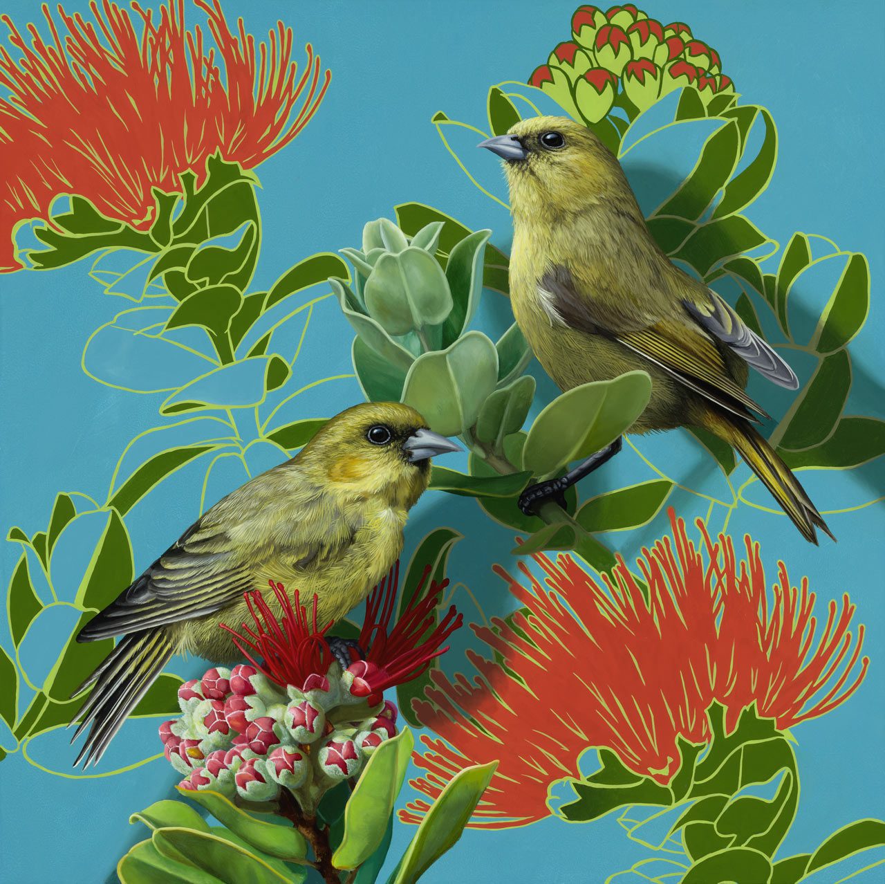 fanciful illustration of greenish birds perched on bright flowers and foliage