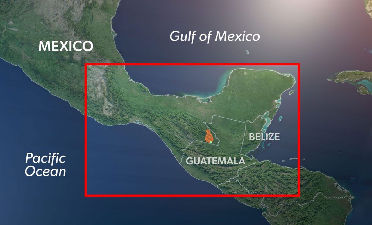 Map of Central America, land in green and sea in blue, labels: Mexico, Guatemala, Belize, Pacific Ocean, Gulf of Mexico.