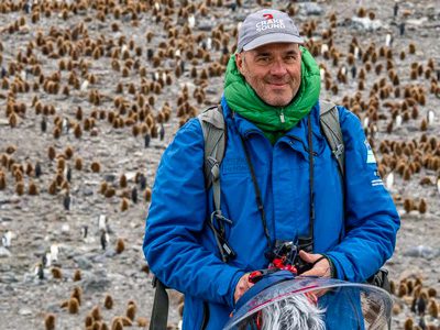 Man in a blue jacket standing outdoors with recording gear, with many penguins in the background.