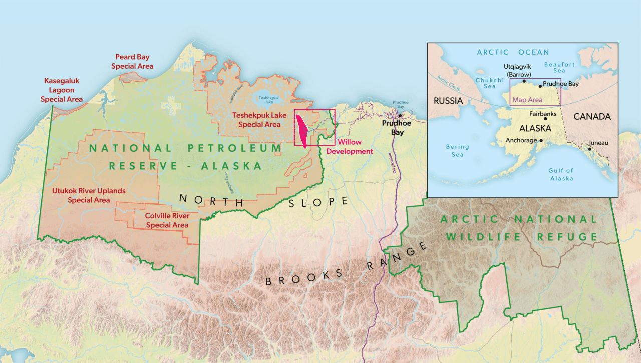 map of the North Slope of Alaska illustrating the boundaries of five protected "Special Areas" and the Arctic National Wildlife Refuge