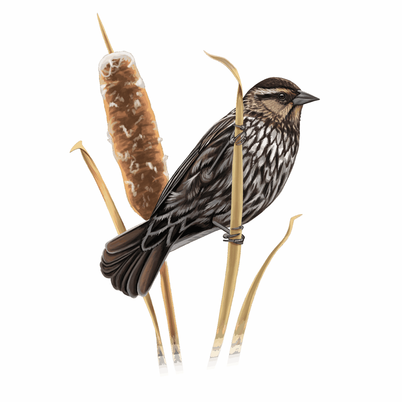 illustration of a large dark streaky bird on a cattail plant