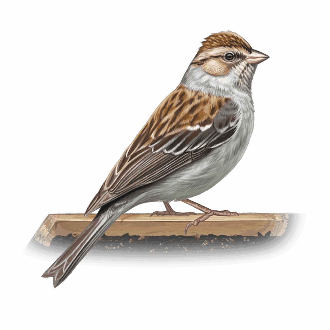 illustration of a reddish brown sparrow at a feeder